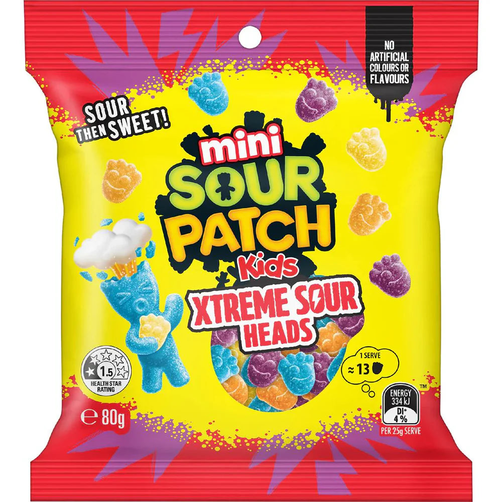 Sour Patch Kids Mini Extreme Sour Heads 80g x 32 (AUSTRALIA)