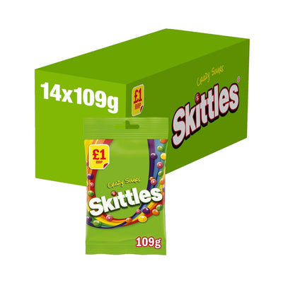 Skittles Vegan Crazy Sour Sweets Fruit Flavour Treat Bag 109g Â£1 PMP x 14 (UK)